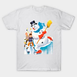 snowman playing ice hockey with a broom next to children on winter holidays retro vintage comic cartoons T-Shirt